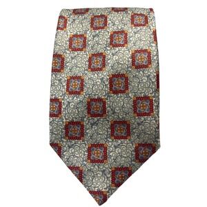 Brioni Mens Silk Tie Medallion Geometric‎ Handmade Italy Gray Red Blue Gold